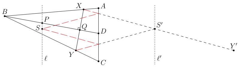 A geometric diagram showing triangle ABC with points D, P, Q, X, Y, S', and Y' marked. Lines and segments such as BD, AC, parallel and perpendicular lines, and reflections are illustrated, with some lines dashed and some in red.
