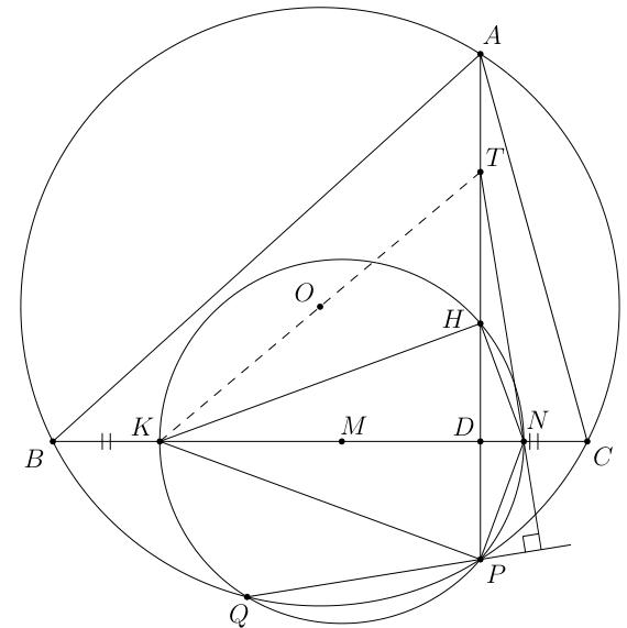 A geometric diagram showing triangle ABC with circumcircle, altitudes, points D, P, H, K, Q, N, T, O, and M labeled, and several lines and circles relevant to the problem construction.