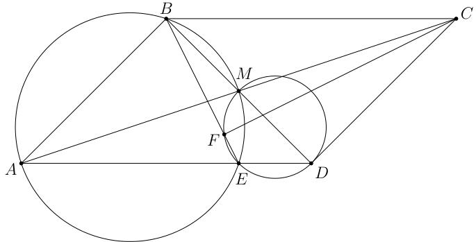 A geometric diagram showing parallelogram ABCD with diagonals intersecting at M, two circumcircles passing through ABM and EMD, and points E and F marked on AD and BE respectively.