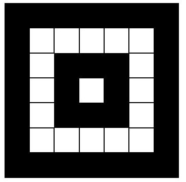 A 7 by 7 grid with alternating black and white concentric square frames, with the outermost frame black and the center square white.