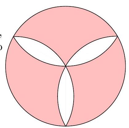 A circle with three identical arcs inside, each centered at a vertex of an inscribed equilateral triangle, creating a shaded region in the shape of a three-lobed area.