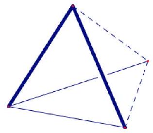 A tetrahedron with edges drawn in three styles: thick, thin, and dashed, representing three different colors.