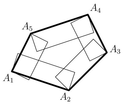 A convex pentagon with five rectangles, each attached to a side and extending inside the pentagon, illustrating a correct configuration.