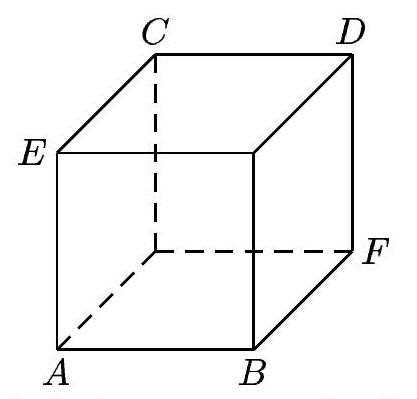 A labeled diagram of a cube with vertices A, B, C, D, E, and F marked, showing the orientation relevant to the problem.