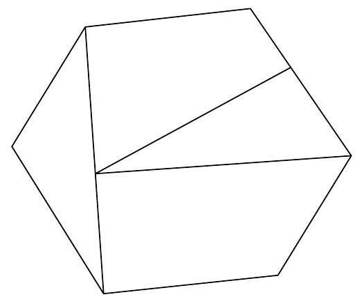 A regular hexagon dissected into two triangles and two quadrilaterals by straight line segments.