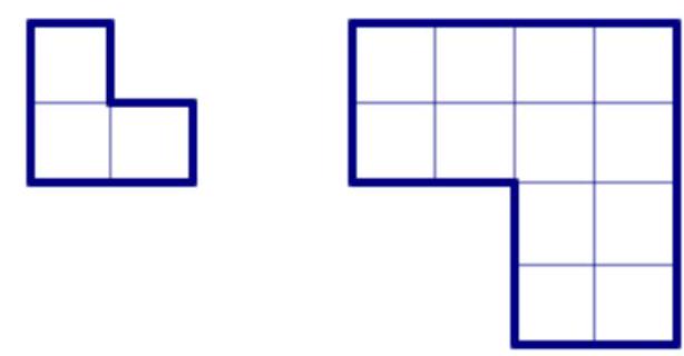 Two outlined L-shaped figures: a small 2x2 square with one quadrant removed and a larger 4x4 square with one quadrant removed, representing size-1 and size-2 trominos.