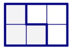 A 2x3 rectangle divided into six squares, illustrating a possible tiling with size-1 trominos.