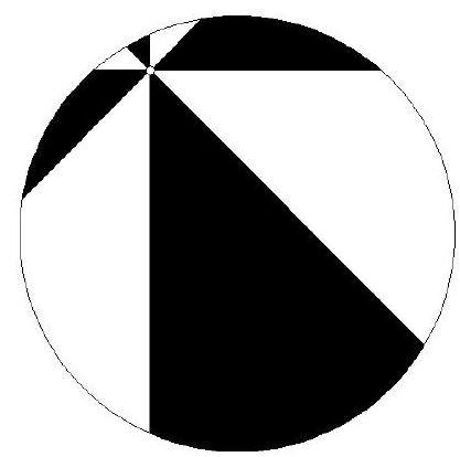 A unit circle with a point inside and four lines through the point, dividing the circle into eight regions, four of which are shaded.