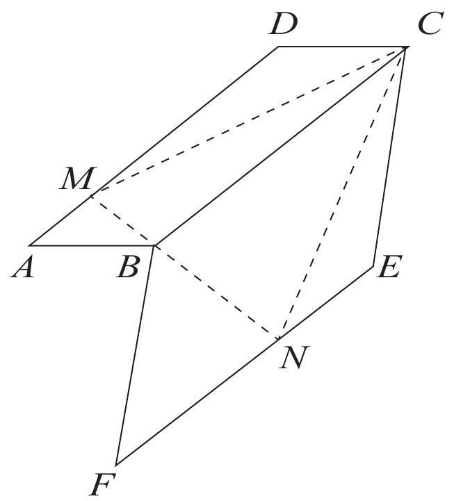 A geometric diagram showing two parallelograms, ABCD and BFEC, sharing side BC. Points M and N are marked on sides AD and FE, respectively, with segment MN passing through point B. All vertices are labeled.