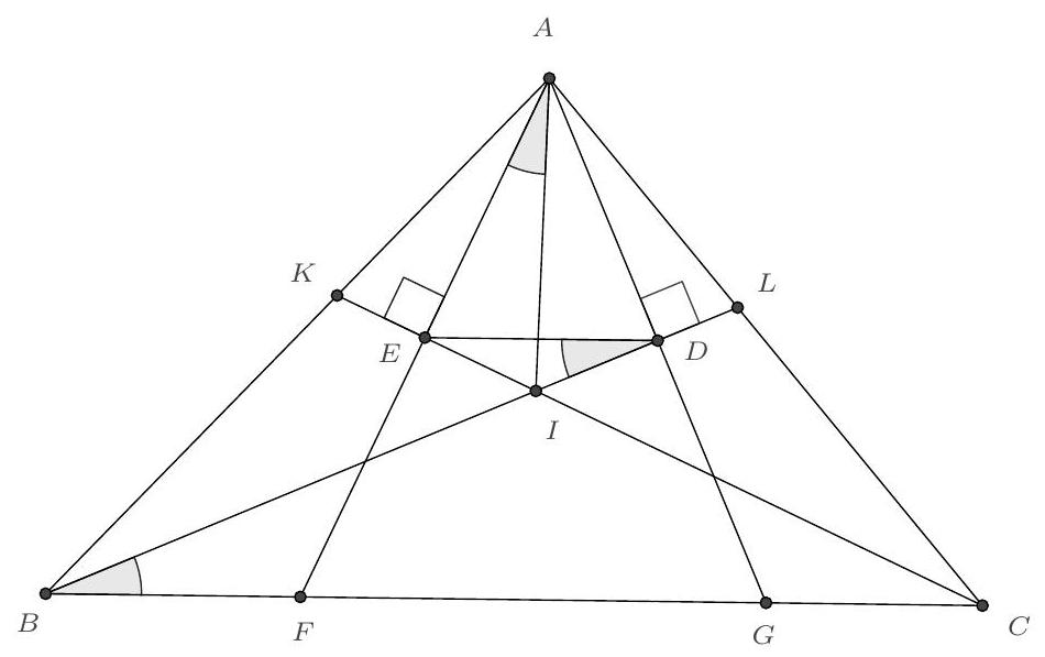 A triangle ABC with points D and E marked as projections from A onto the angle bisectors from B and C, with additional points F, G, K, L, and I labeled, and several right angles indicated.