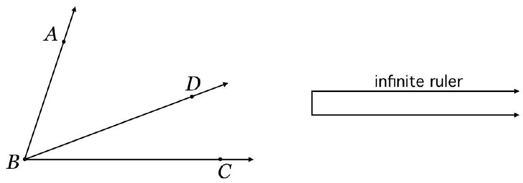 A geometric diagram showing angle ABC with rays BA, BC, and BD, and a separate illustration of an infinite ruler consisting of two parallel rays joined by a perpendicular segment.