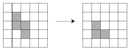 Two 5x5 grids side by side, with four grey squares in the left grid and three grey squares in the right grid, connected by a rightward arrow.