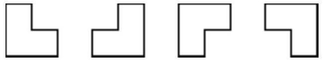 Four diagrams each showing an L-shaped arrangement of three connected squares, representing the possible L shapes that can be chosen on the chessboard.