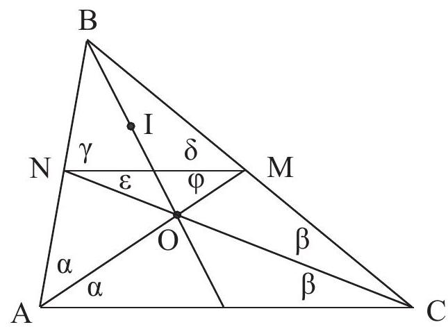 A triangle ABC with points M on BC and N on AB. Angle bisectors AM and CN are drawn. Points I and O are marked inside the triangle, and several angles are labeled with Greek letters alpha, beta, gamma, delta, epsilon, and phi.