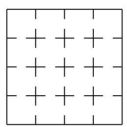 A 4 by 4 grid of squares representing rooms, with lines indicating doors between adjacent rooms.