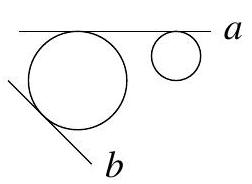 Two circles with two lines; line a is tangent to both circles, line b is tangent only to the larger circle.