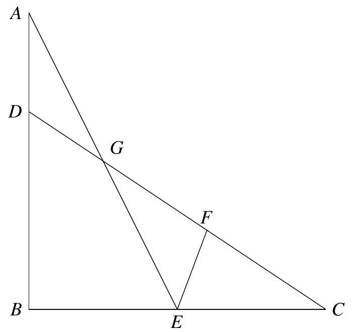 A geometric diagram showing triangle ABC with points D, E, F, and G marked; E is the midpoint of BC, and additional lines connect these points forming several regions.