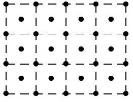 A 3 by 4 grid with dots at the center of each cell and at each vertex, illustrating the placement of pieces as described in the problem.