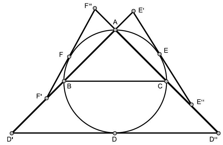 A circle with inscribed right triangle ABC, right angle at A. Tangents at points D, E, F on the arcs intersect extended lines AB and AC at points D', D'', E', E'', F', F'' respectively. All points are labeled.