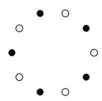 A regular decagon with vertices alternately colored black and white, arranged in a circle.