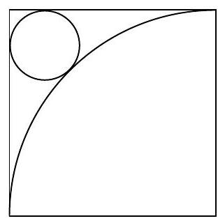 A square with a small circle tangent to two sides in one corner and a large quarter-circle arc centered at the opposite corner.
