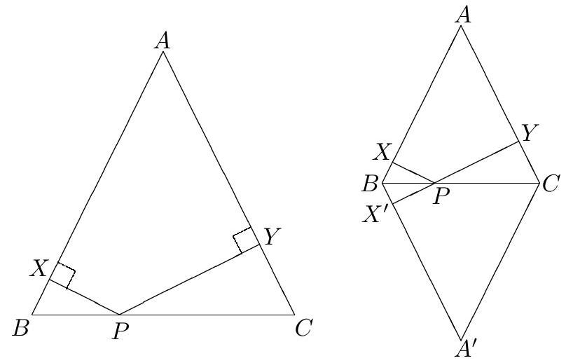 Two diagrams: Left, triangle ABC with AB = AC, point P on BC, and perpendiculars PX and PY dropped to AB and AC. Right, a rhombus formed by reflecting A and X across BC, showing points X', Y, and P with perpendiculars.