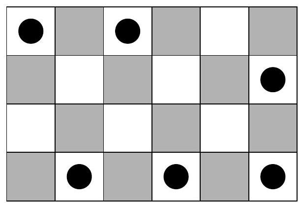 A 4 by 6 chessboard grid with white and gray squares, showing black counters placed on some white squares as an example arrangement.