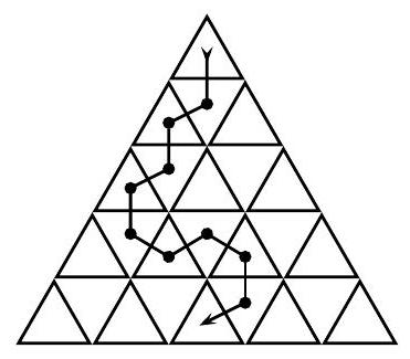 An equilateral triangle of side length 5 divided into unit triangles, with a path marked from the top triangle to the middle triangle in the bottom row.
