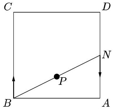 A square labeled ABCD with a diagonal line from B to A, a point P inside the square, and arrows indicating movement along the perimeter.