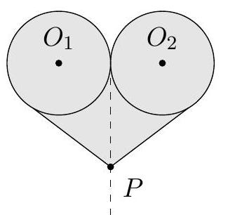 Two externally tangent circles of equal radius with centers labeled O1 and O2, and a point P below them connected by straight lines forming a heart shape.