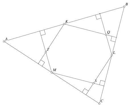 A triangle ABC with midpoints K, L, M marked; perpendiculars from each midpoint to the other two sides are drawn, forming a hexagon KQLSMT inside the triangle.