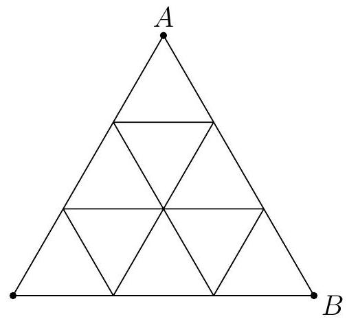 An equilateral triangle divided into 9 smaller equilateral triangles, with the top vertex labeled A and the bottom right vertex labeled B.