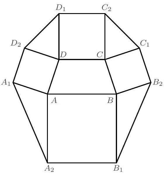 A geometric diagram showing an isosceles trapezoid ABCD with four squares constructed externally on each side, and the vertices of the squares labeled A1, A2, B1, B2, C1, C2, D1, D2.