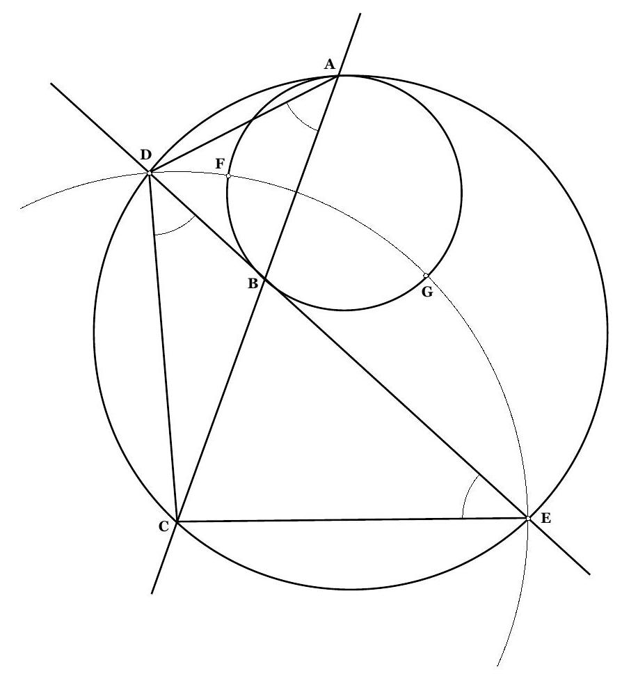 Two circles, one inside the other, tangent at point A. A line through A meets the inner circle again at B and the outer at C. Tangents and secants are drawn, with points D, E, F, and G labeled as described in the problem.