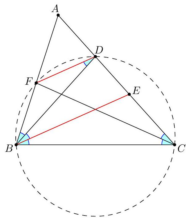 A triangle ABC with points D and E on side AC, F on AB, and lines BD, BE, and the angle bisector from C drawn. A dashed circle passes through points B, C, F, and D. Some angles are marked in blue, and lines BE and DF are highlighted in red.