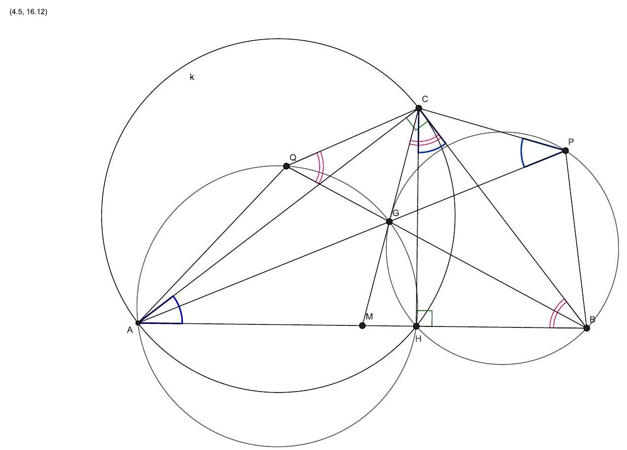 A geometric diagram showing right triangle ABC with right angle at C, midpoint M of AB, point G on MC, points P and Q on lines AG and BG respectively, and circles passing through points AGQ and BPG. The foot of the altitude from C, labeled H, is also shown.