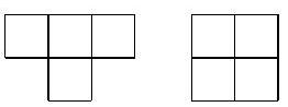 Two tetromino shapes: on the left, a T-shaped tetromino; on the right, a square tetromino composed of four squares in a 2x2 arrangement.