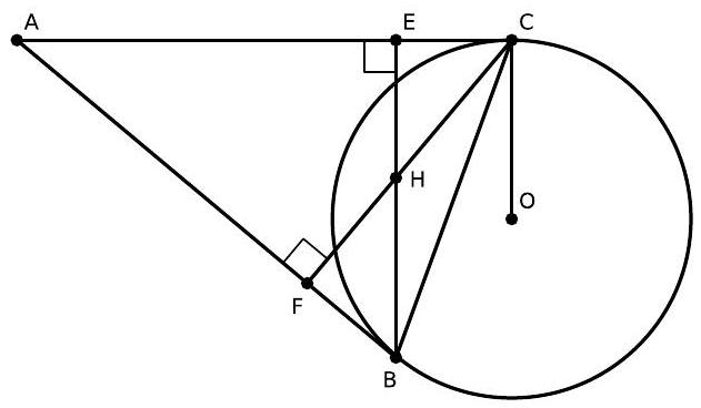 A geometric diagram showing a circle with center O, a point A outside the circle, tangents AB and AC from A touching the circle at B and C, and points E, F, and H marked with right angles at E and F, and H inside triangle ABC.