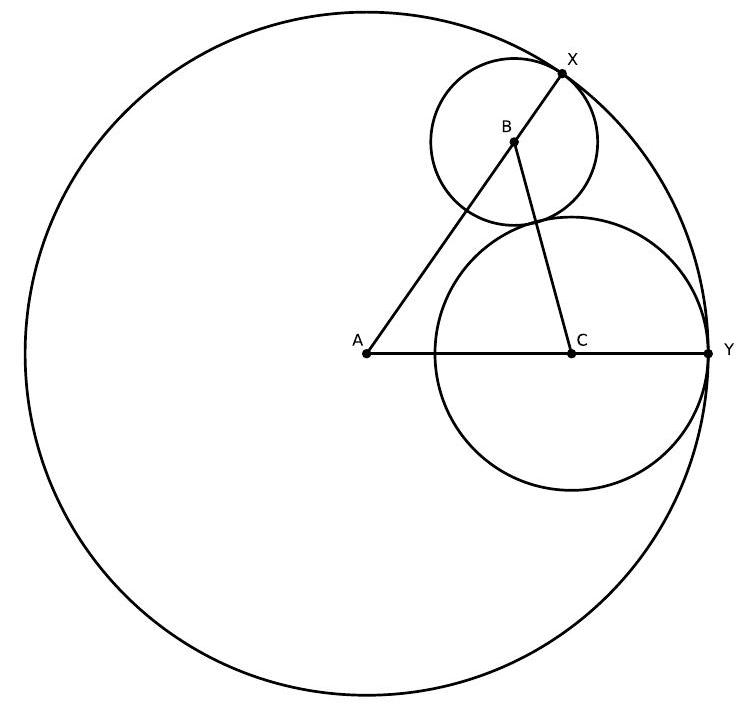 Three circles with centers labeled A, B, and C. The circle centered at B is tangent to the circle centered at A at point X, and the circle centered at C is tangent to the circle centered at A at point Y. The circles centered at B and C are also tangent to each other.