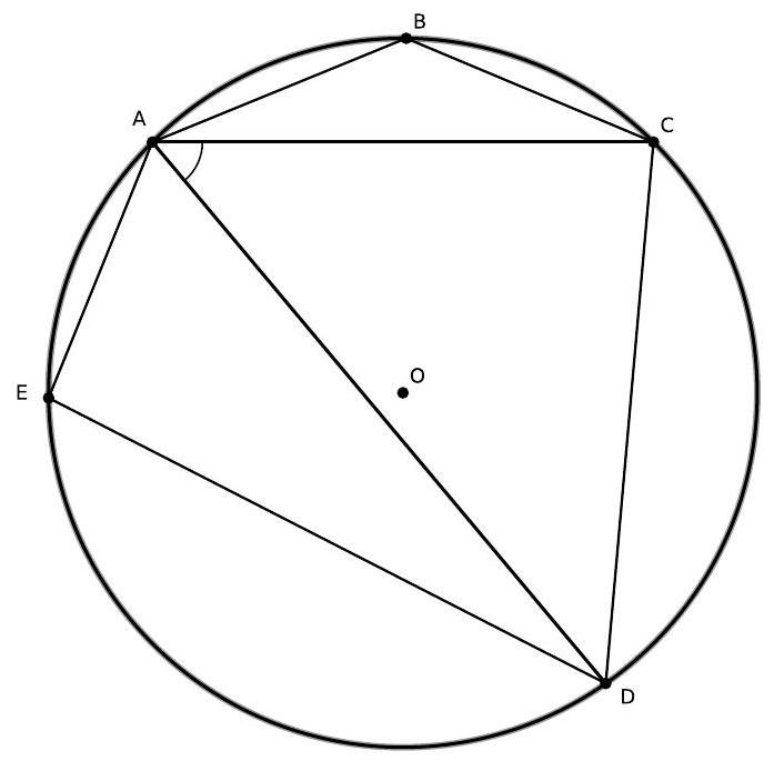 A pentagon ABCDE inscribed in a circle with center O, showing all vertices on the circle and the angle DAC marked.