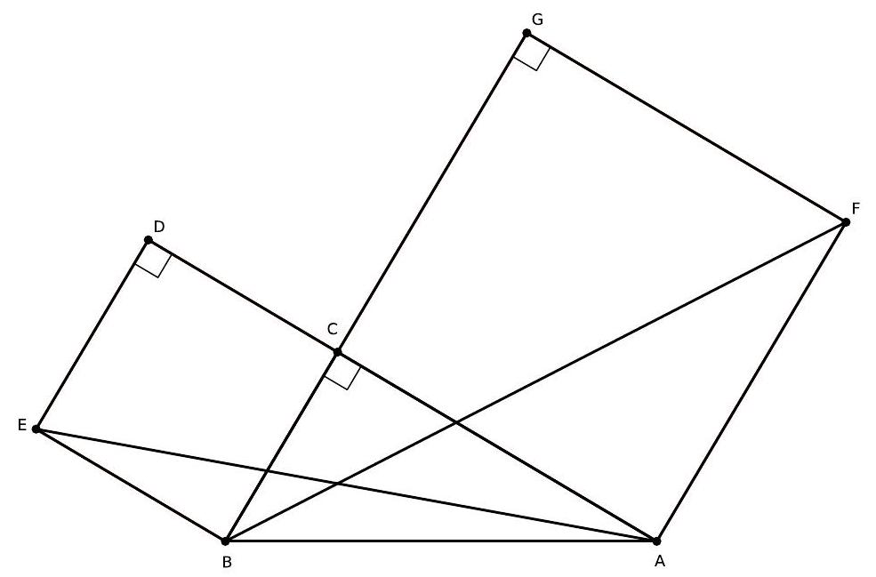 A geometric diagram showing triangle ABC with a right angle at C, and two squares constructed on sides BCDE and CAFG. Points D, E, F, and G are labeled, and lines connect various vertices.