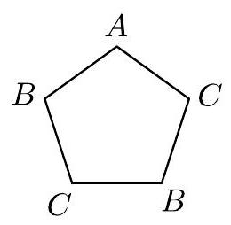 A regular pentagon with vertices labeled in clockwise order as A, C, B, C, and B, representing colored buttons.