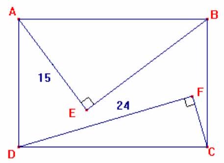 A rectangle ABCD with two right triangles, ABE and CDF, drawn inside. AE is labeled 15, DF is labeled 24, and right angles are marked at E and F.