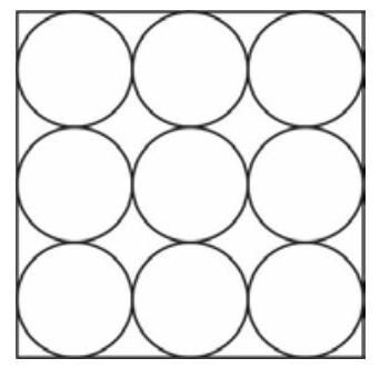 A square containing a 3 by 3 grid of nine identical circles, each tangent to its neighbors and to the sides of the square.