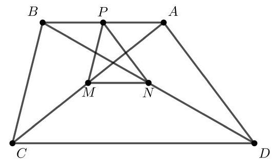 A trapezoid ABCD with AB and CD as parallel sides, diagonals AC and BD drawn, and points M, N, and P marked as midpoints of AC, BD, and AB respectively.