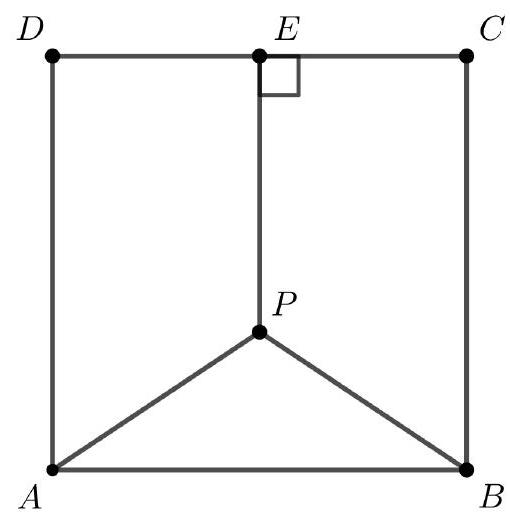 A square ABCD with a point P inside, a point E on side CD, and lines AP, BP, and PE drawn; PE is perpendicular to CD.