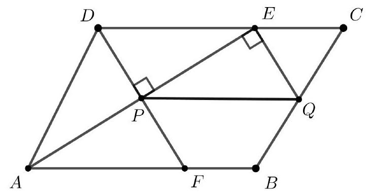 A parallelogram ABCD with points E on CD, P on AE, F on AB, and Q on BC. Several right angles are marked at P and Q, and lines AE, DF, and EQ are drawn with some being perpendicular or parallel.