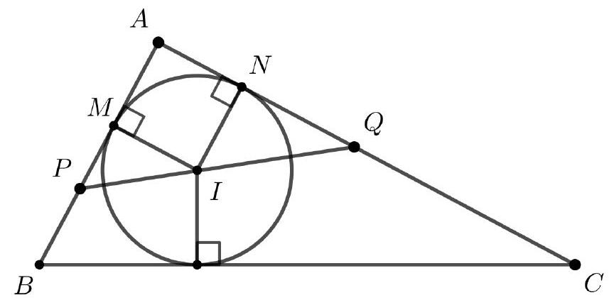 A triangle ABC with a right angle at A, its incircle centered at I tangent to all three sides, and points M, N, P, Q marked where the incircle touches the sides and where a line through I meets AB and AC.