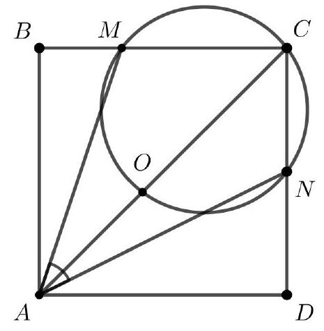 A square ABCD with points M on BC and N on CD, a circle passing through C, M, and N, and point O marked at the intersection of the circle and diagonal AC. Angle MAN is marked as 45 degrees.