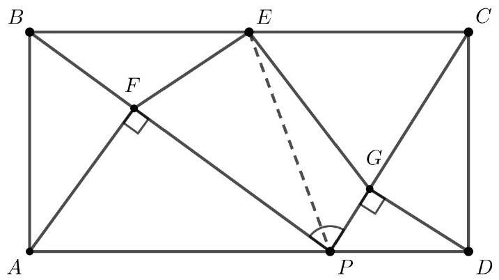 A rectangle ABCD with BC twice the length of AB, midpoint E on BC, point P on AD, and points F and G as feet of perpendiculars from A to BP and from D to CP. Several lines and right angle marks are shown.